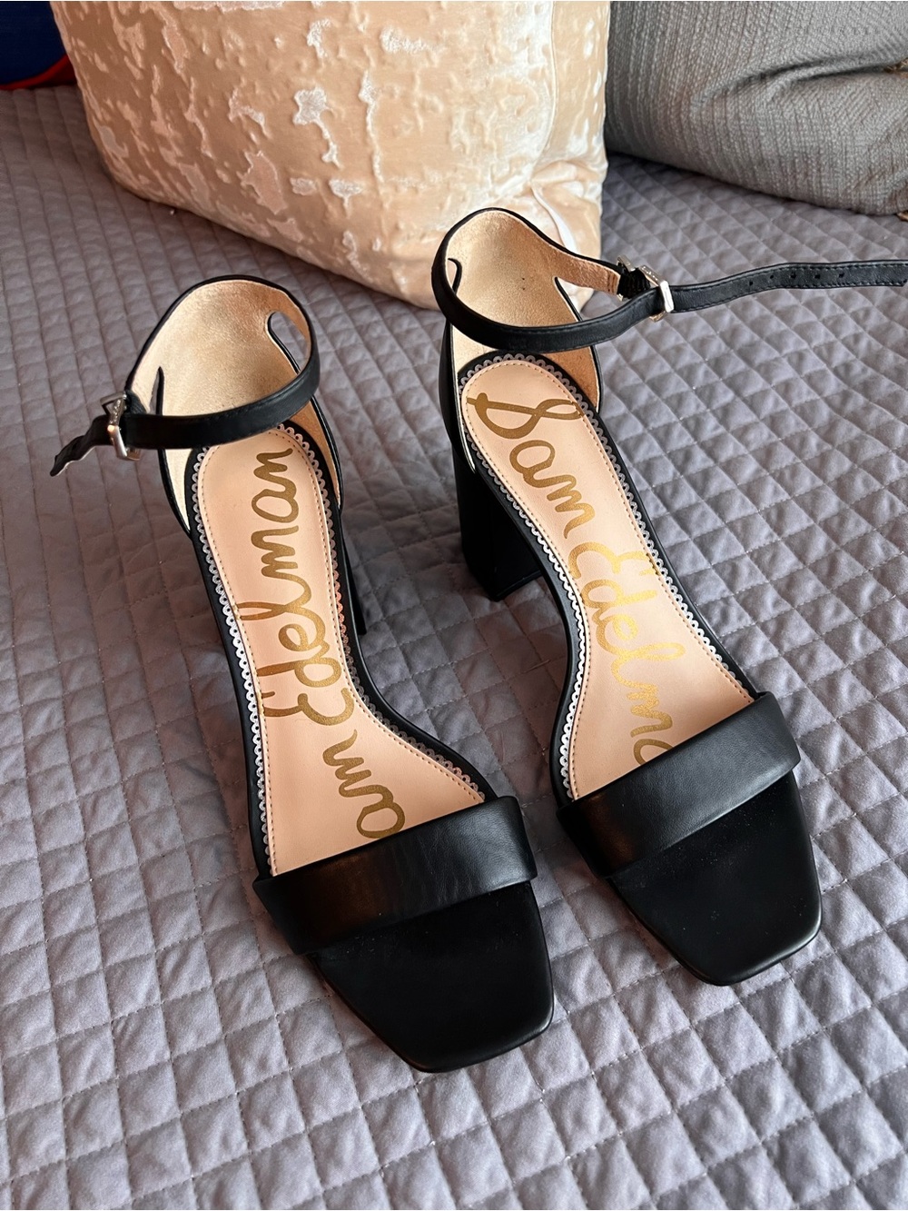 Sam Edelman Daniella Black Square-Toe Ankle-Strap Block Heels